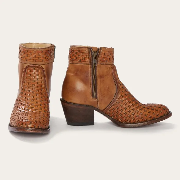 Stetson Western Women Basketweave Side Zip Ankle Boot Brown