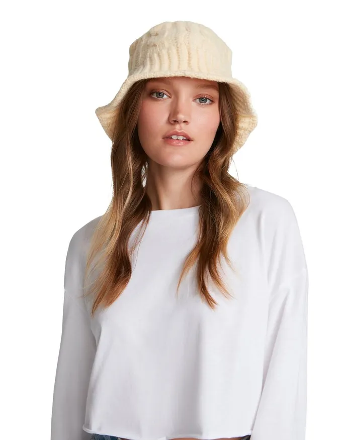Steve Madden Cable Knit Bucket Hat Ivory Womens Hats and Hair Accessories Steve Madden Cable Knit Bucket Hat Ivory Womens Hats and Hair Accessories