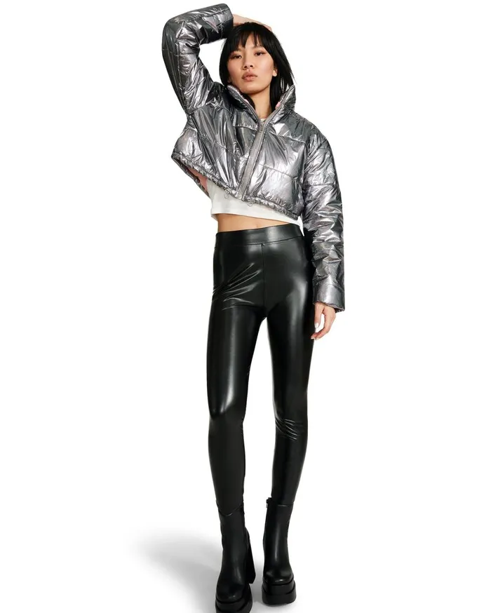 Steve Madden Cropped Metallic Puffer Gunmetal Womens Jackets and Coats