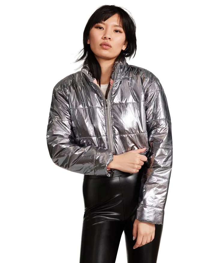 Steve Madden Cropped Metallic Puffer Gunmetal Womens Jackets and Coats Steve Madden Cropped Metallic Puffer Gunmetal Womens Jackets and Coats