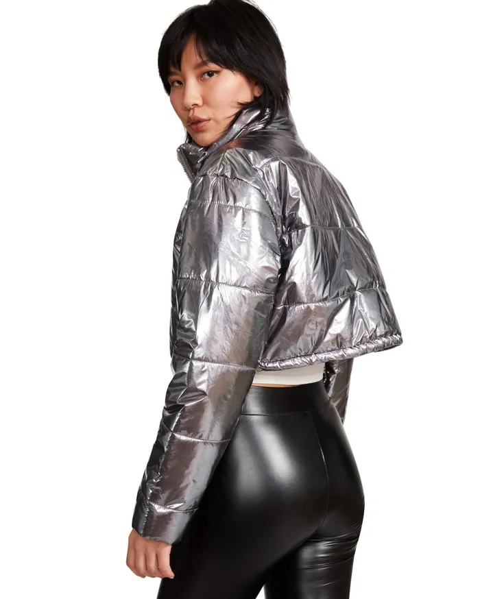 Steve Madden Cropped Metallic Puffer Gunmetal Womens Jackets and Coats Steve Madden Cropped Metallic Puffer Gunmetal Womens Jackets and Coats