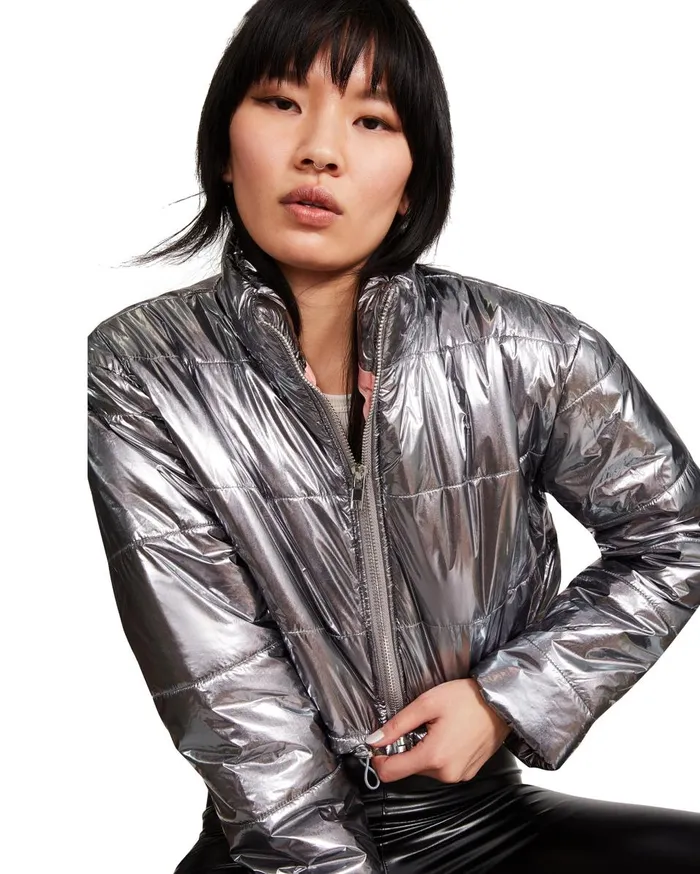 Steve Madden Cropped Metallic Puffer Gunmetal Womens Jackets and Coats Steve Madden Cropped Metallic Puffer Gunmetal Womens Jackets and Coats