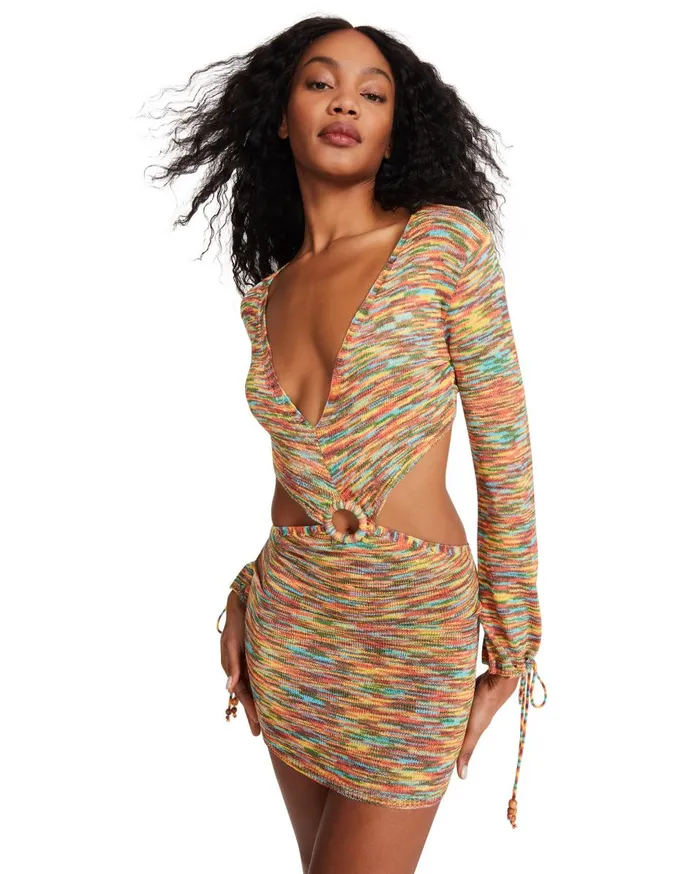 Steve Madden Cut Out Keyhole Mini Orange Multi Womens Dresses