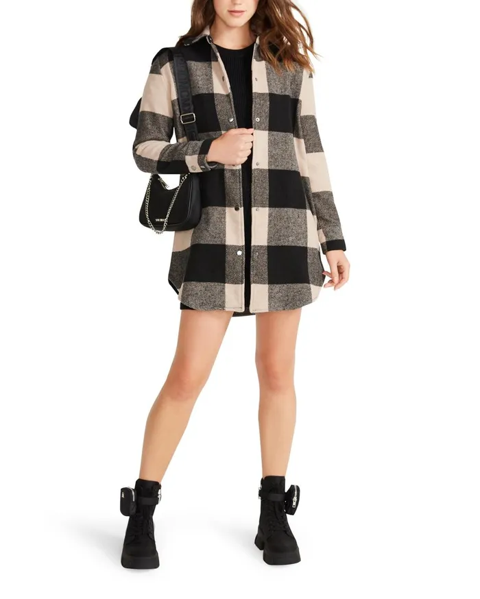 Steve Madden Eldridge Plaid Coat Lt Taupe Womens Jackets and Coats