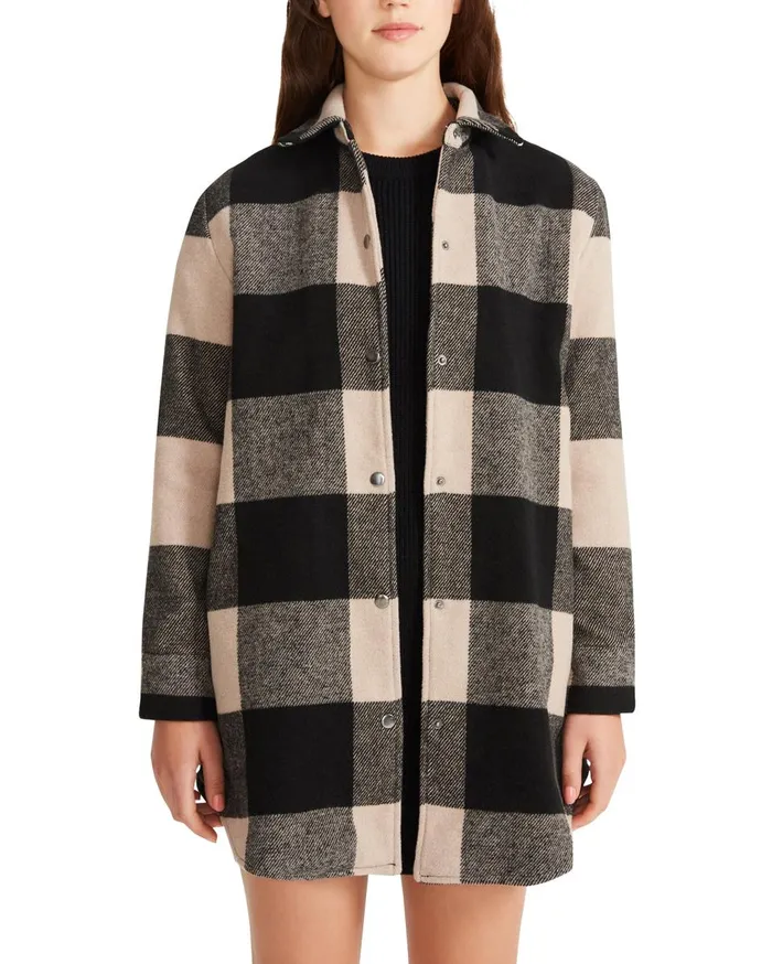 Steve Madden Eldridge Plaid Coat Lt Taupe Womens Jackets and Coats