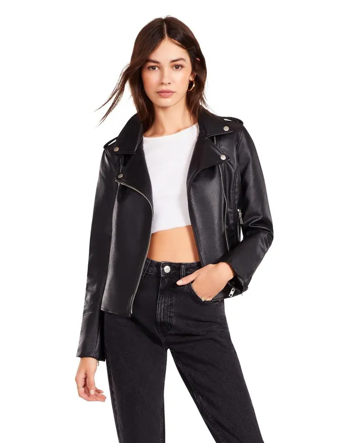 Steve Madden Just Ride Vegan Leather Jacket Black Womens Jackets and Coats