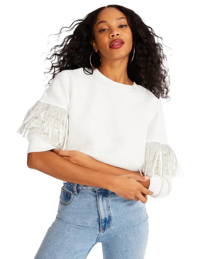 Steve Madden Rhinestone Fringe Crew Neck White Womens Tops