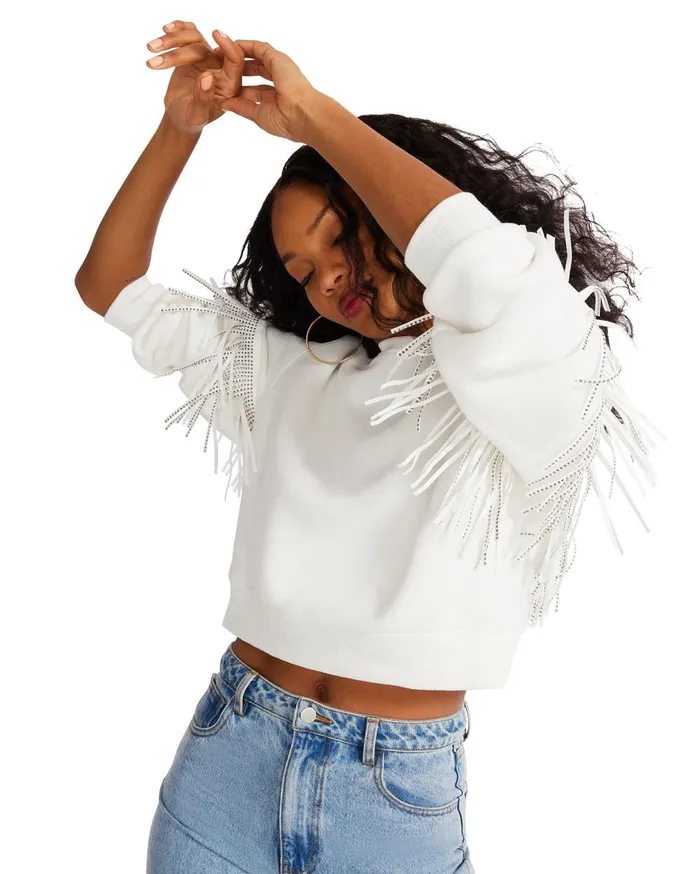 Steve Madden Rhinestone Fringe Crew Neck White Womens Tops