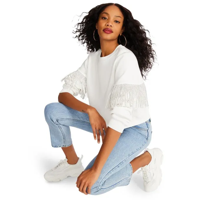Steve Madden Rhinestone Fringe Crew Neck White Womens Tops