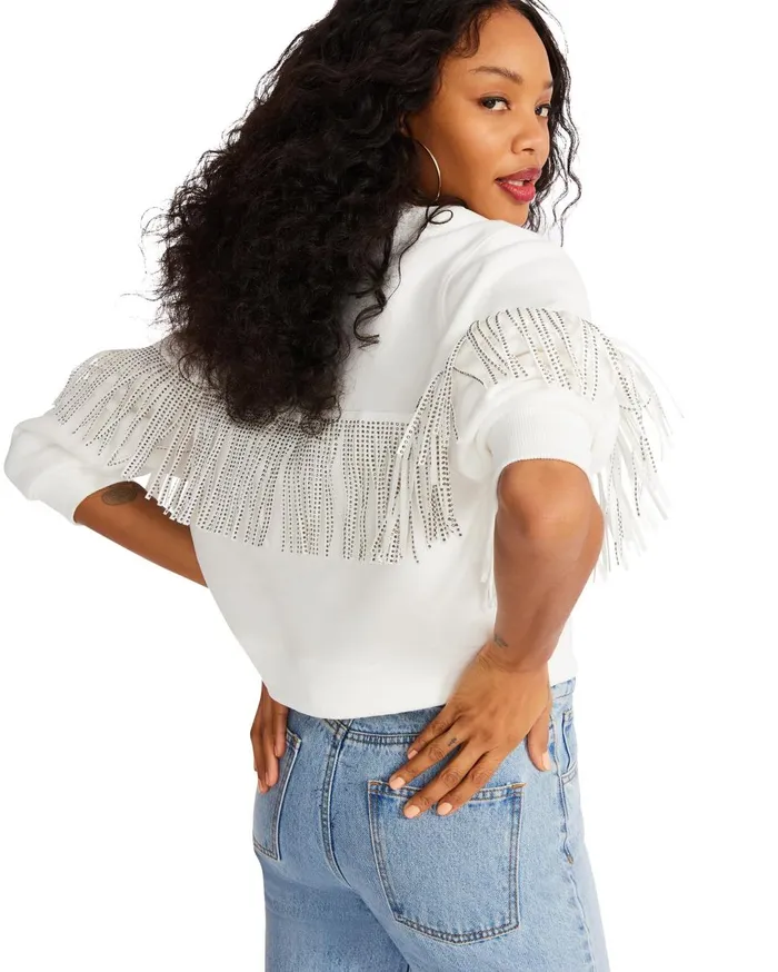 Steve Madden Rhinestone Fringe Crew Neck White Womens Tops