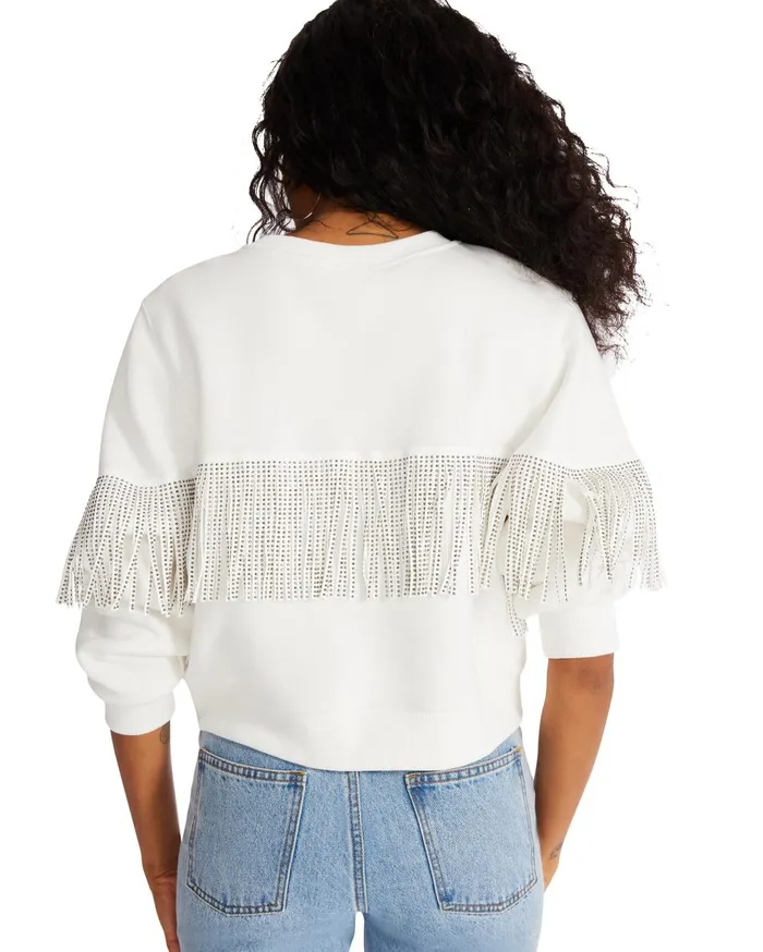 Steve Madden Rhinestone Fringe Crew Neck White Womens Tops