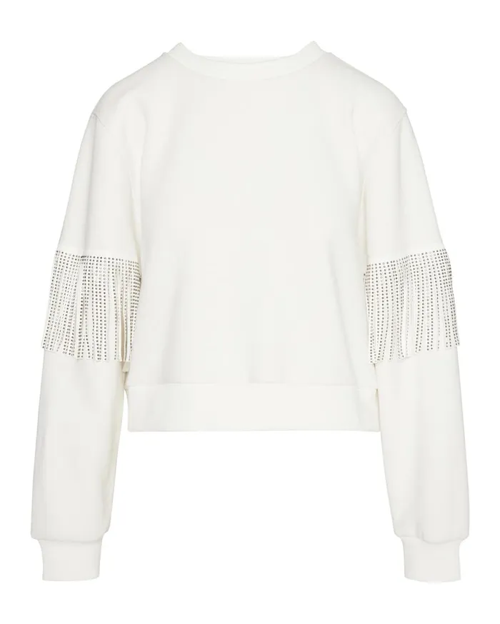Steve Madden Rhinestone Fringe Crew Neck White Womens Tops