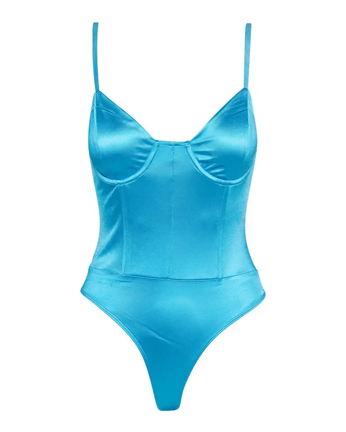 Steve Madden Satin Bodysuit Blue Womens Tops Steve Madden Satin Bodysuit Blue Womens Tops