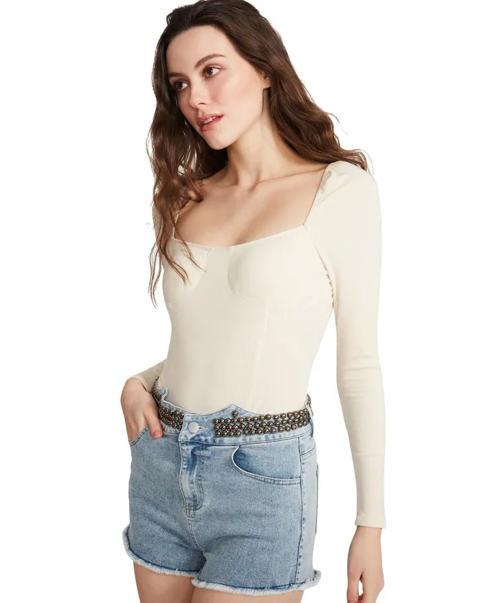 Steve Madden Square Neck Bodysuit Beige Womens Tops Steve Madden Square Neck Bodysuit Beige Womens Tops