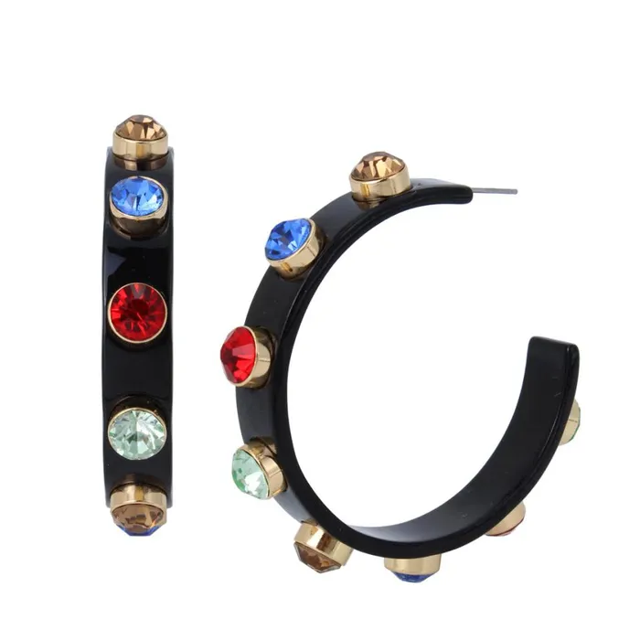 Steve Madden Stone Resin Hoop Earrings Black Womens Jewelry