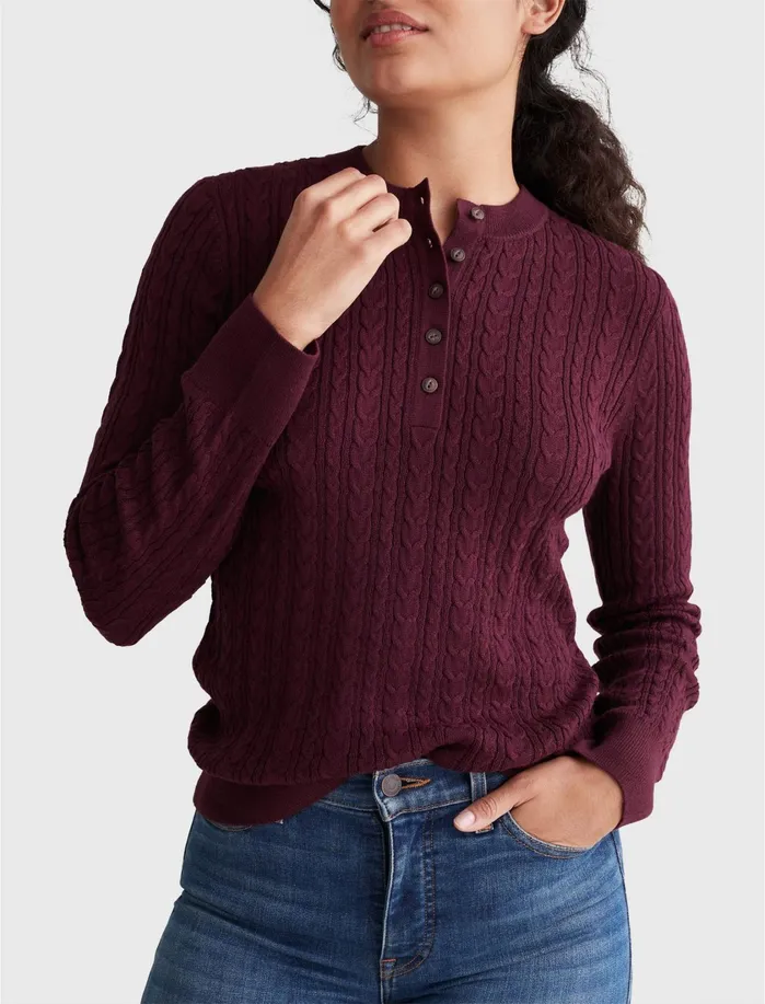 Sweaters and Sweatshirts Women Lucky Brand Cable Henley Crew Pullover Winetasting