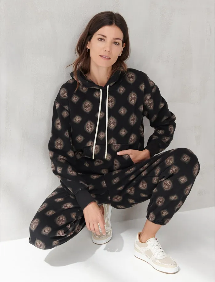 Sweaters and Sweatshirts Women Lucky Brand Printed Sueded Terry Hoodie Black Multi