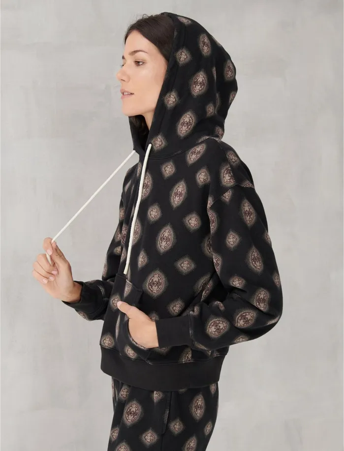 Sweaters and Sweatshirts Women Lucky Brand Printed Sueded Terry Hoodie Black Multi