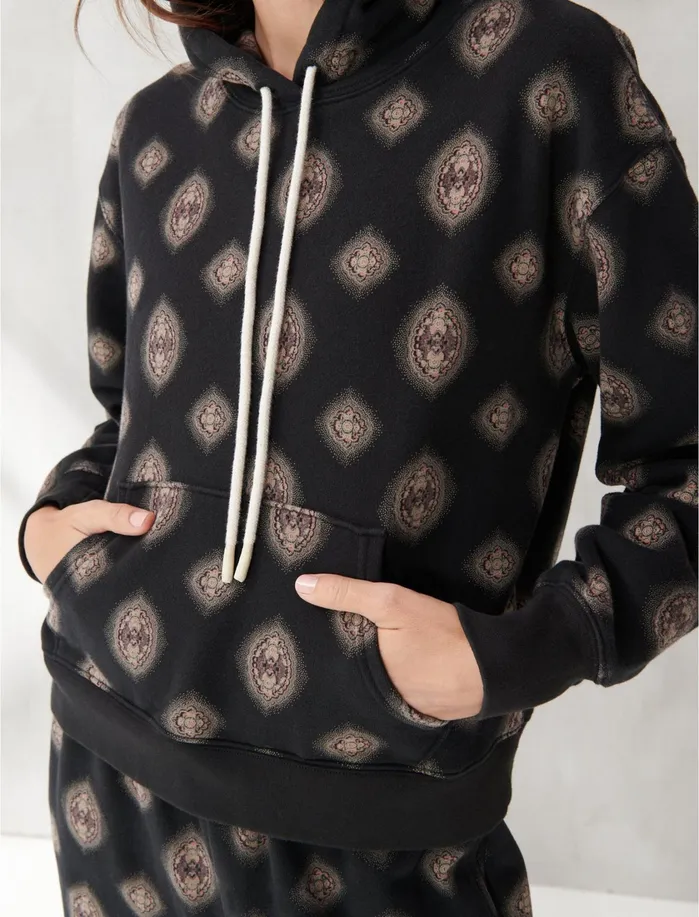 Sweaters and Sweatshirts Women Lucky Brand Printed Sueded Terry Hoodie Black Multi