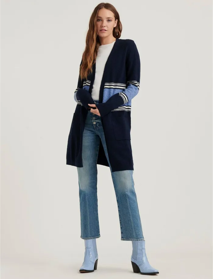 Sweaters and Sweatshirts Women Lucky Brand Stripe Long Cardigan Navy Multi