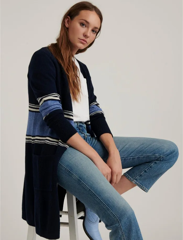 Sweaters and Sweatshirts Women Lucky Brand Stripe Long Cardigan Navy Multi