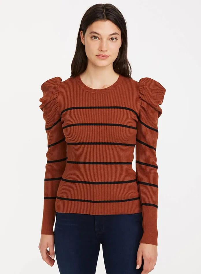 Sweaters Women 7 For All Mankind Long Sleeve Puff Shoulder Crewneck In SpiceBlack Stripe Sweaters Women 7 For All Mankind Long Sleeve Puff Shoulder Crewneck In SpiceBlack Stripe