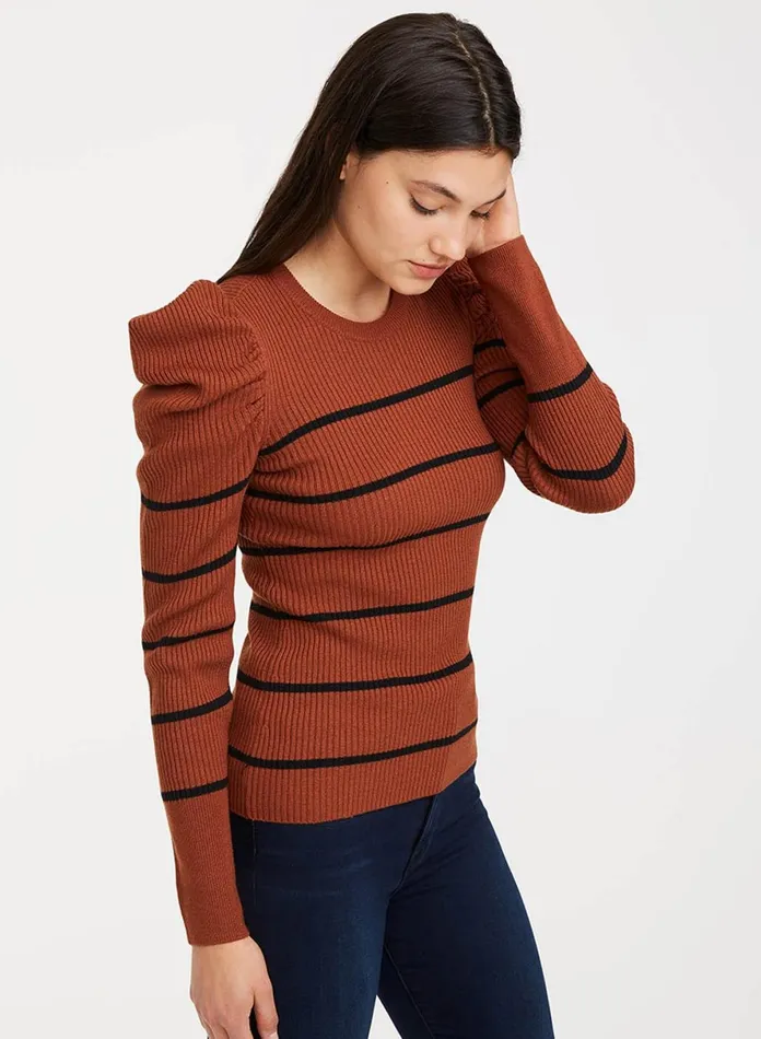 Sweaters Women 7 For All Mankind Long Sleeve Puff Shoulder Crewneck In SpiceBlack Stripe