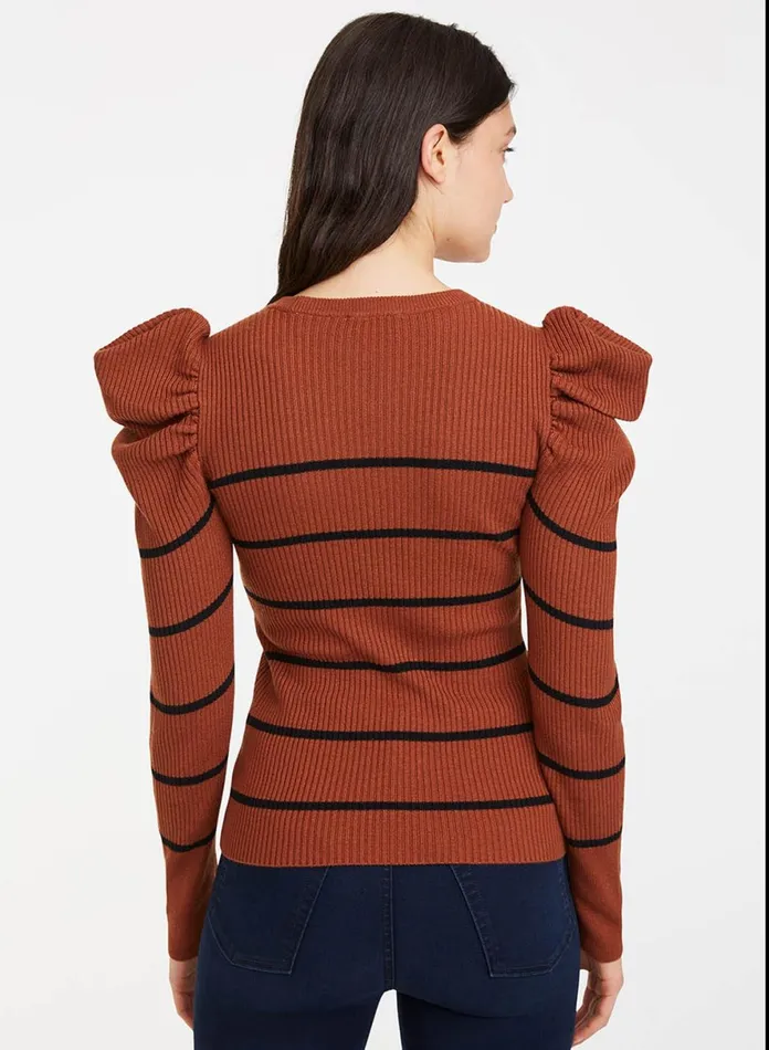 Sweaters Women 7 For All Mankind Long Sleeve Puff Shoulder Crewneck In SpiceBlack Stripe