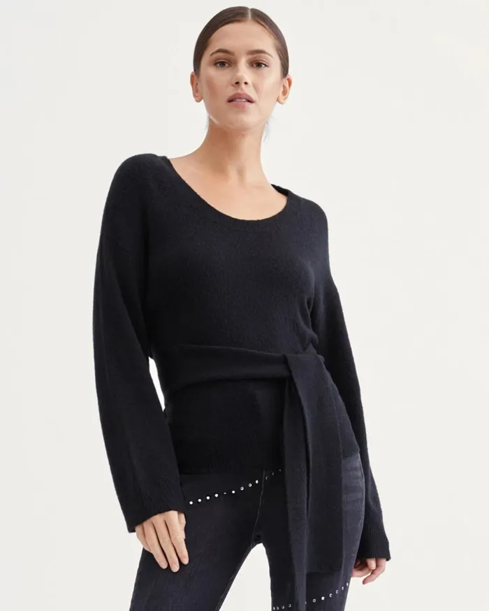 Sweaters Women 7 For All Mankind Touch Of Cashmere Tie Waist Sweater In Jet Black Sweaters Women 7 For All Mankind Touch Of Cashmere Tie Waist Sweater In Jet Black