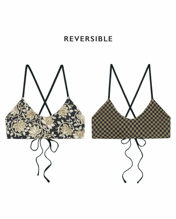 Swim The Great The Reversible Bralette Black Oasis Floral And Bronze Check