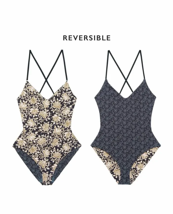 Swim The Great The Reversible Lace Up One Piece Black Oasis Floral And Black Bandana Daisy