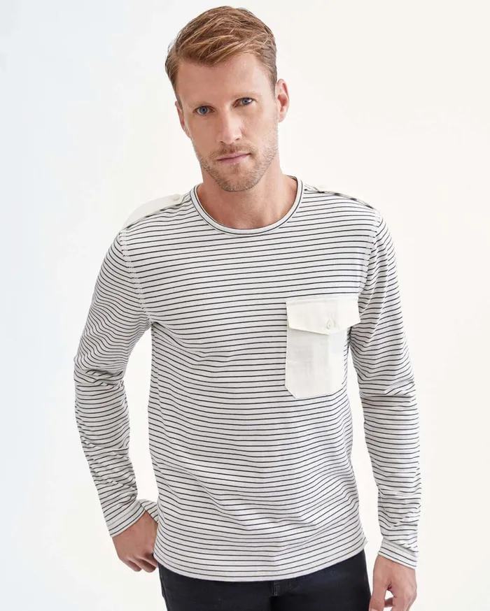 Tees Men 7 For All Mankind Long Sleeve Striped Epaulette Tee In Ivory 038 Black Stripe