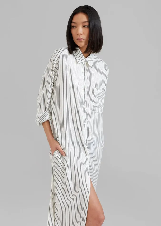 The Frankie Shop Cala Satin Shirt Dress 8211 White Pinstripe Women Clothing