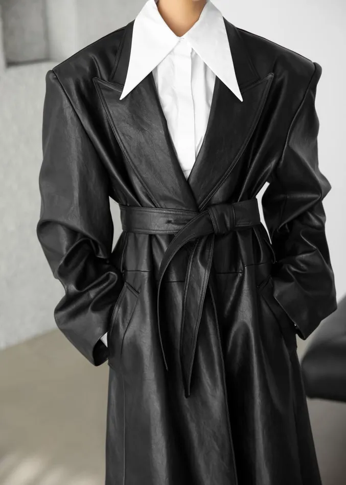 The Frankie Shop Connie Faux Leather Belted Trench Coat 8211 Black Women Clothing