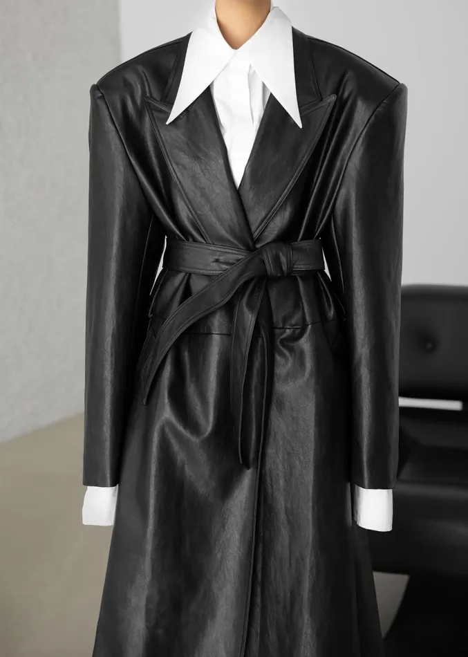 The Frankie Shop Connie Faux Leather Belted Trench Coat 8211 Black Women Clothing