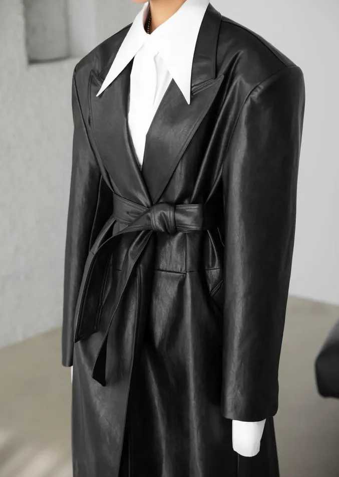The Frankie Shop Connie Faux Leather Belted Trench Coat 8211 Black Women Clothing