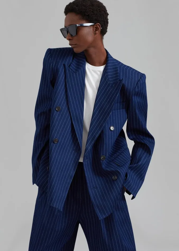 The Frankie Shop Fargo Oversized Denim Padded Blazer 8211 Navy Pinstripe Women Clothing