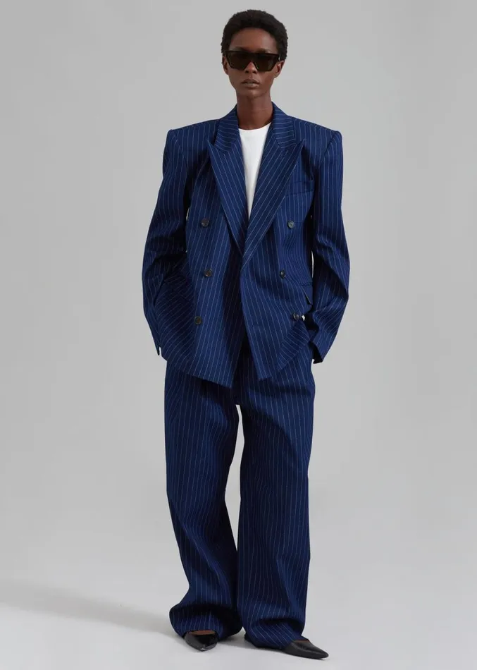 The Frankie Shop Fargo Oversized Denim Padded Blazer 8211 Navy Pinstripe Women Clothing