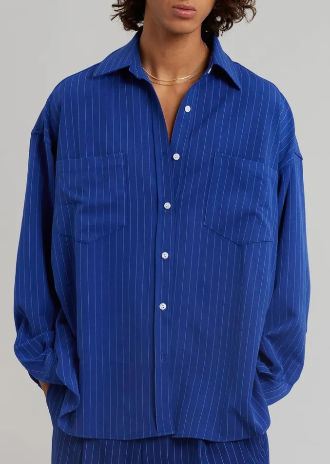 The Frankie Shop Gus Oversized Fluid Stripe Shirt 8211 Deep Blue Men Tops