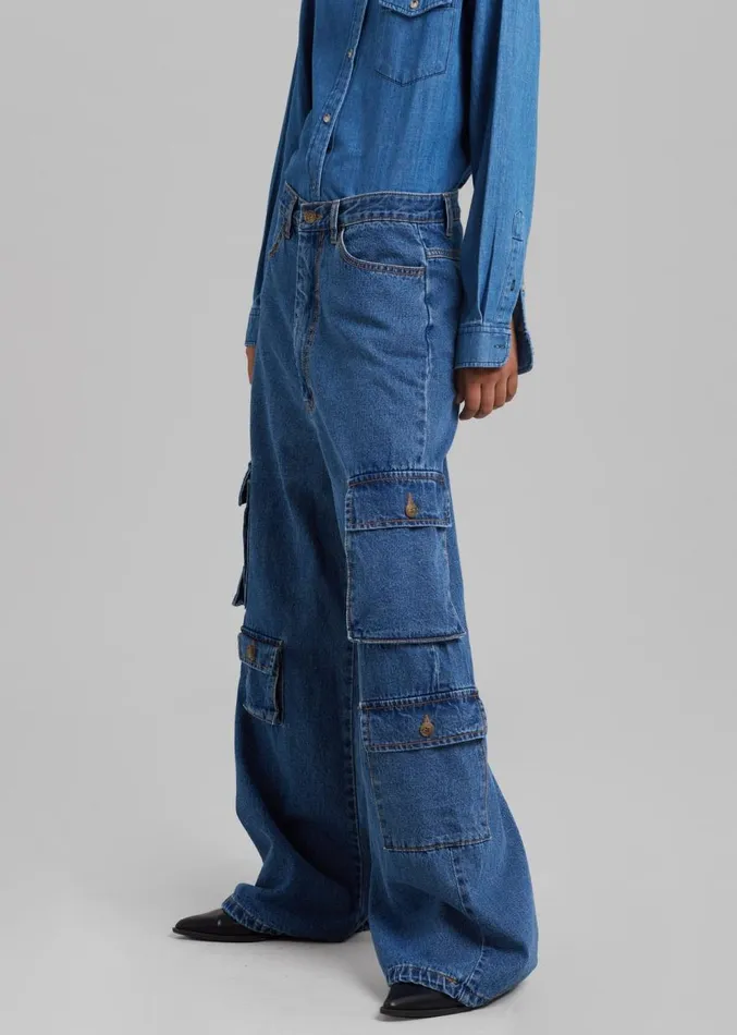 The Frankie Shop Hailey Denim Oversized Cargo Pants 8211 Medium Wash Women Clothing