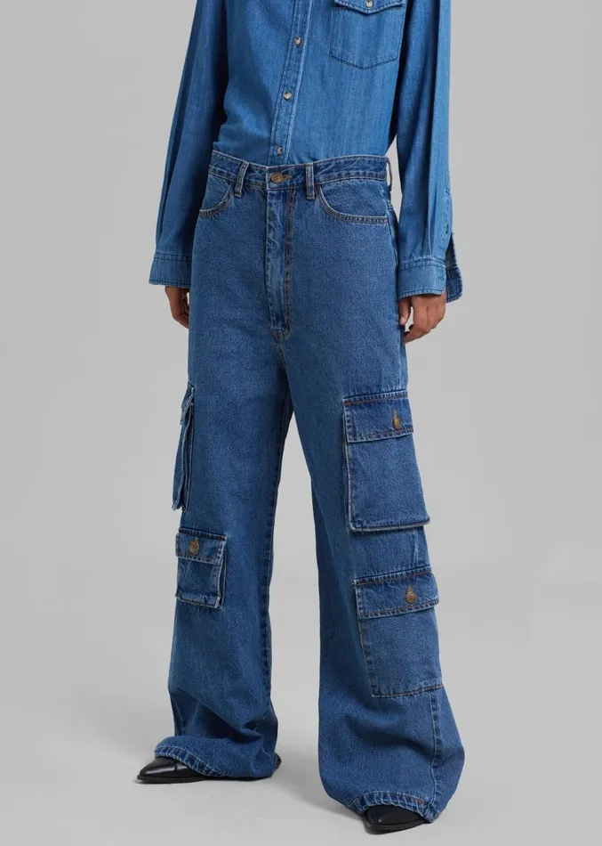 The Frankie Shop Hailey Denim Oversized Cargo Pants 8211 Medium Wash Women Clothing