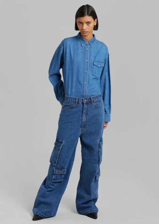 The Frankie Shop Hailey Denim Oversized Cargo Pants 8211 Medium Wash Women Clothing
