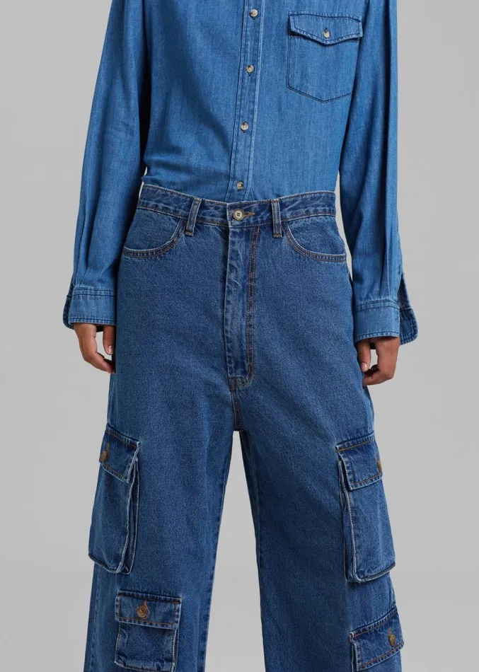 The Frankie Shop Hailey Denim Oversized Cargo Pants 8211 Medium Wash Women Clothing