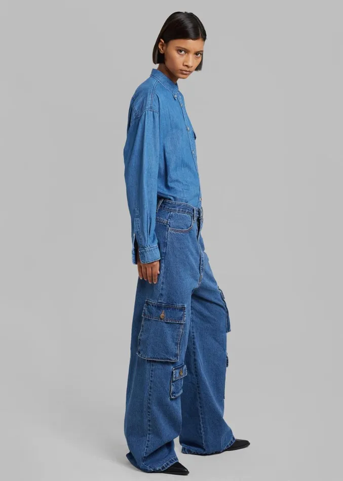 The Frankie Shop Hailey Denim Oversized Cargo Pants 8211 Medium Wash Women Clothing