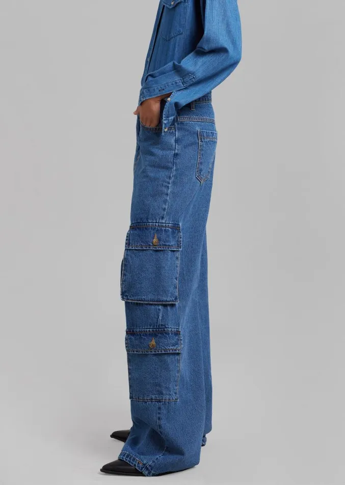 The Frankie Shop Hailey Denim Oversized Cargo Pants 8211 Medium Wash Women Clothing