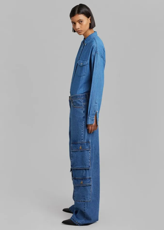 The Frankie Shop Hailey Denim Oversized Cargo Pants 8211 Medium Wash Women Clothing
