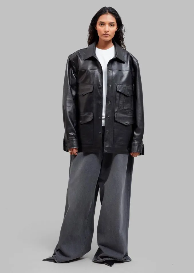 The Frankie Shop Inge Leather Shirt Jacket 8211 Black Women Outerwear