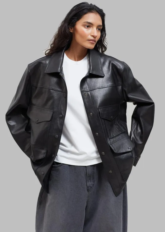 The Frankie Shop Inge Leather Shirt Jacket 8211 Black Women Outerwear