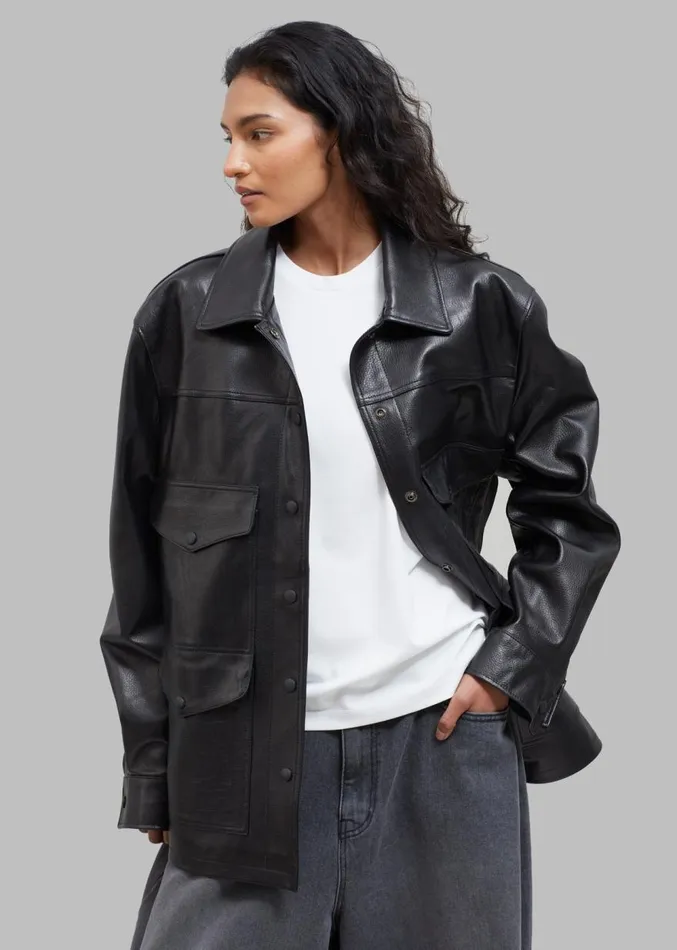 The Frankie Shop Inge Leather Shirt Jacket 8211 Black Women Outerwear