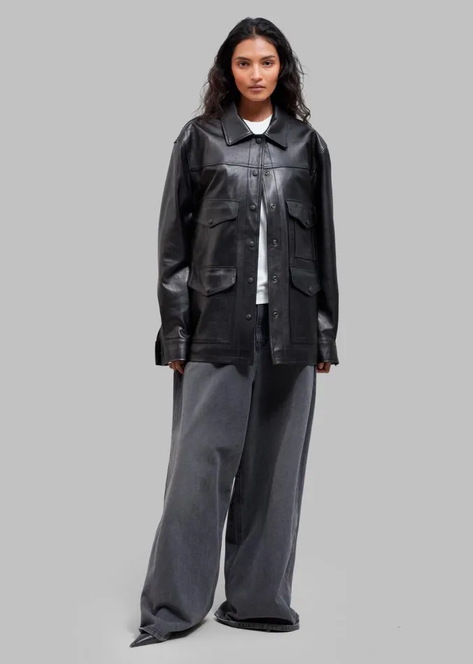 The Frankie Shop Inge Leather Shirt Jacket 8211 Black Women Outerwear